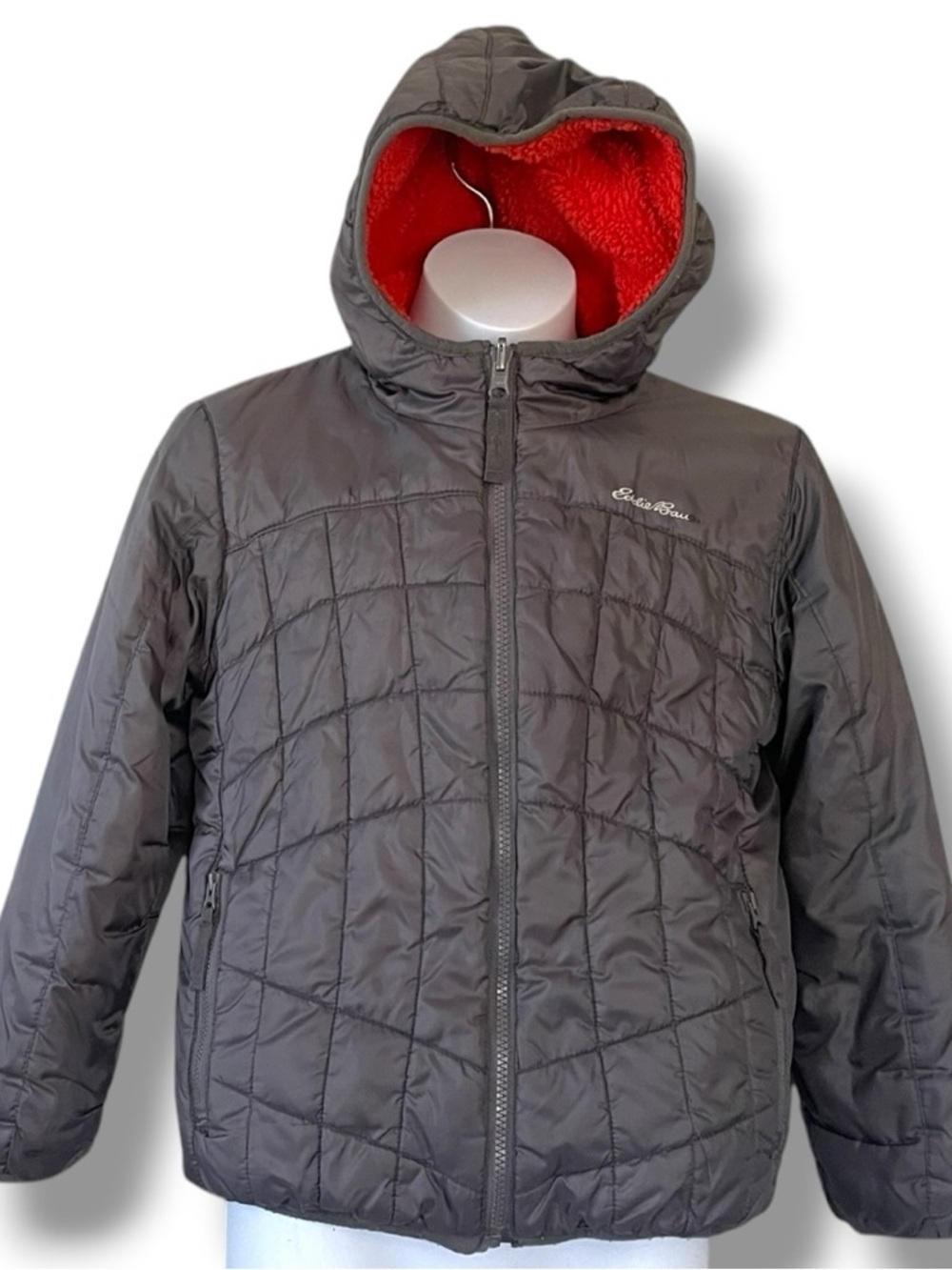 Eddie Bauer Reversible Jacket Kids S 7/8 Gray Puffer Orange Sherpa Hooded Coat - Picture 4 of 12